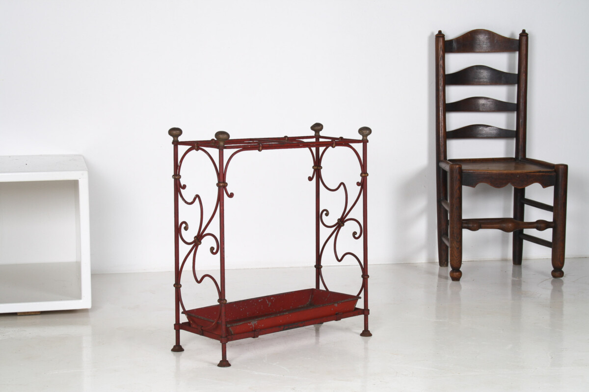 Decorative French Parisian Chic Antique Wrought Iron Red Painted Umbrella Stick Stand - Image 3