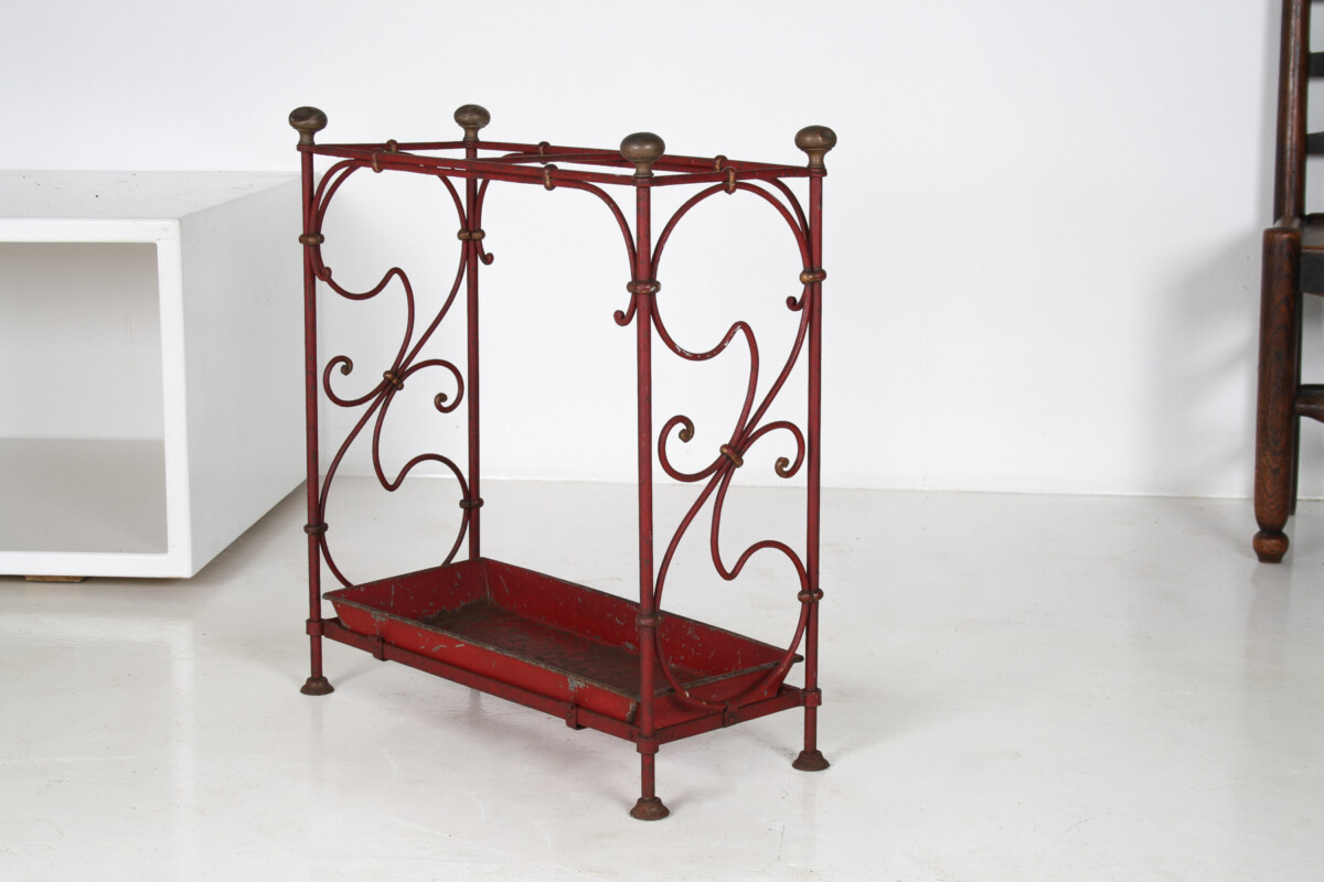 Decorative French Parisian Chic Antique Wrought Iron Red Painted Umbrella Stick Stand - Image 2