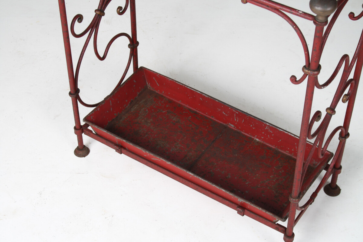 Decorative French Parisian Chic Antique Wrought Iron Red Painted Umbrella Stick Stand - Image 10