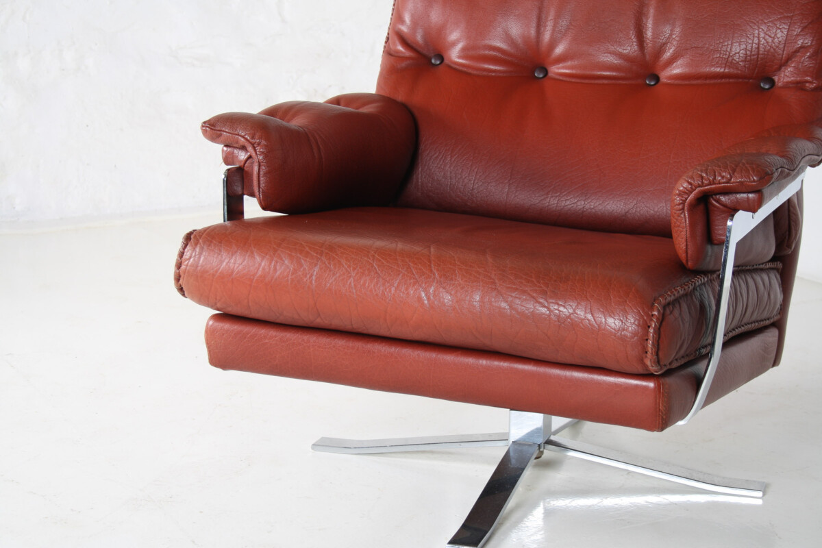 1960s Mid Century Red Brown Leather Chrome Swivel Chair by Arne Norell for Vatne Møbler - Image 5