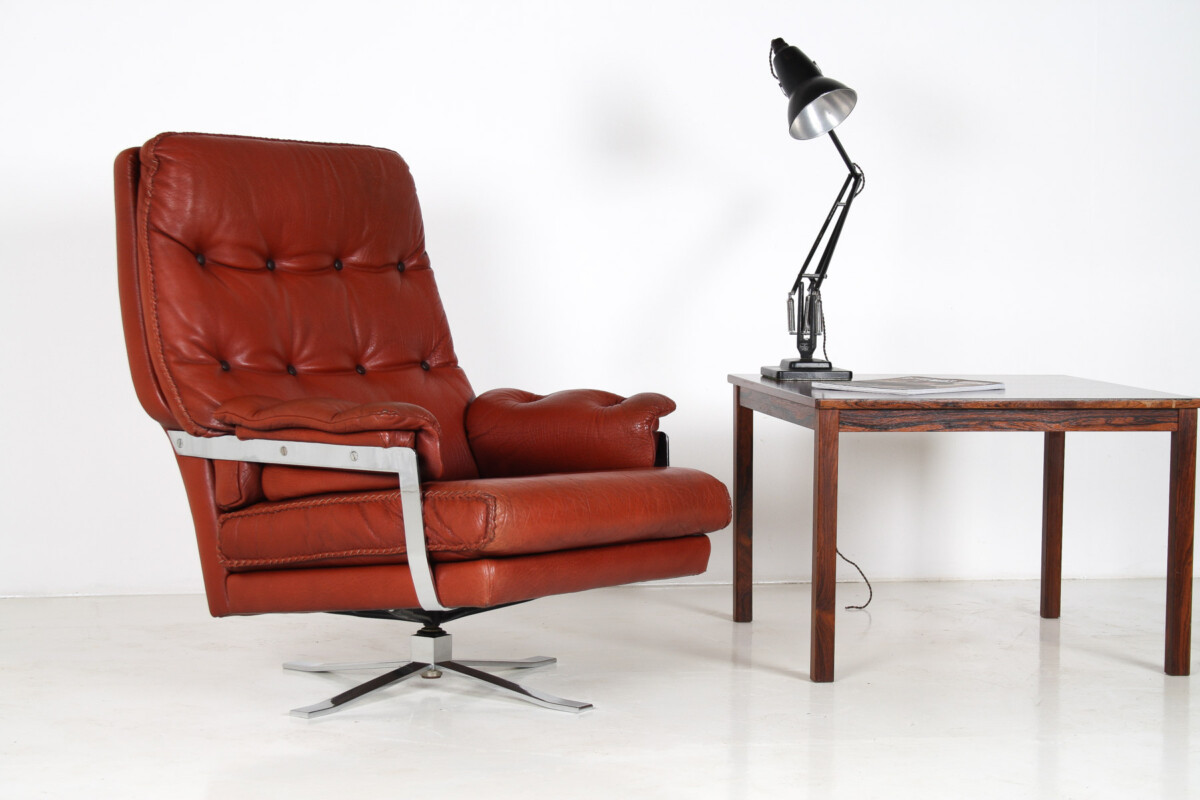 1960s Mid Century Red Brown Leather Chrome Swivel Chair by Arne Norell for Vatne Møbler - Image 3