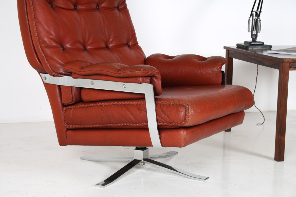 1960s Mid Century Red Brown Leather Chrome Swivel Chair by Arne Norell for Vatne Møbler - Image 11