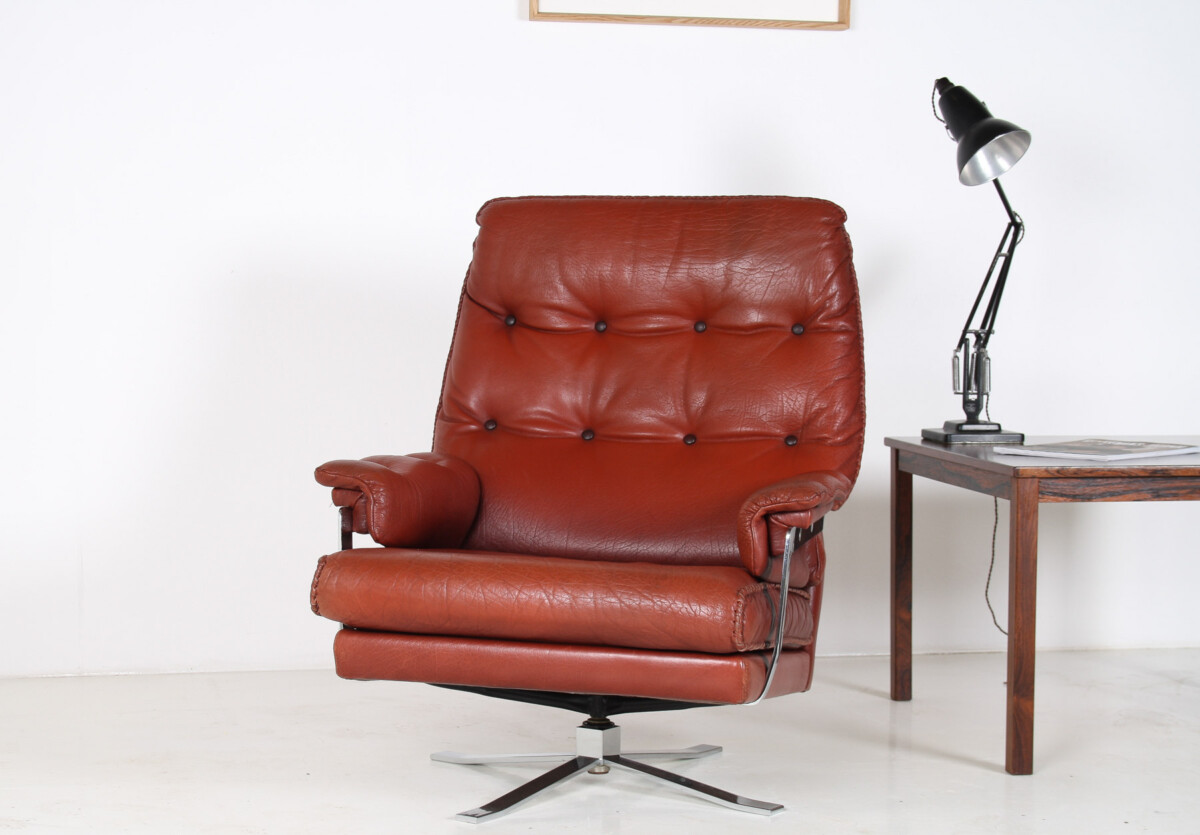 1960s Mid Century Red Brown Leather Chrome Swivel Chair by Arne Norell for Vatne Møbler - Image 10