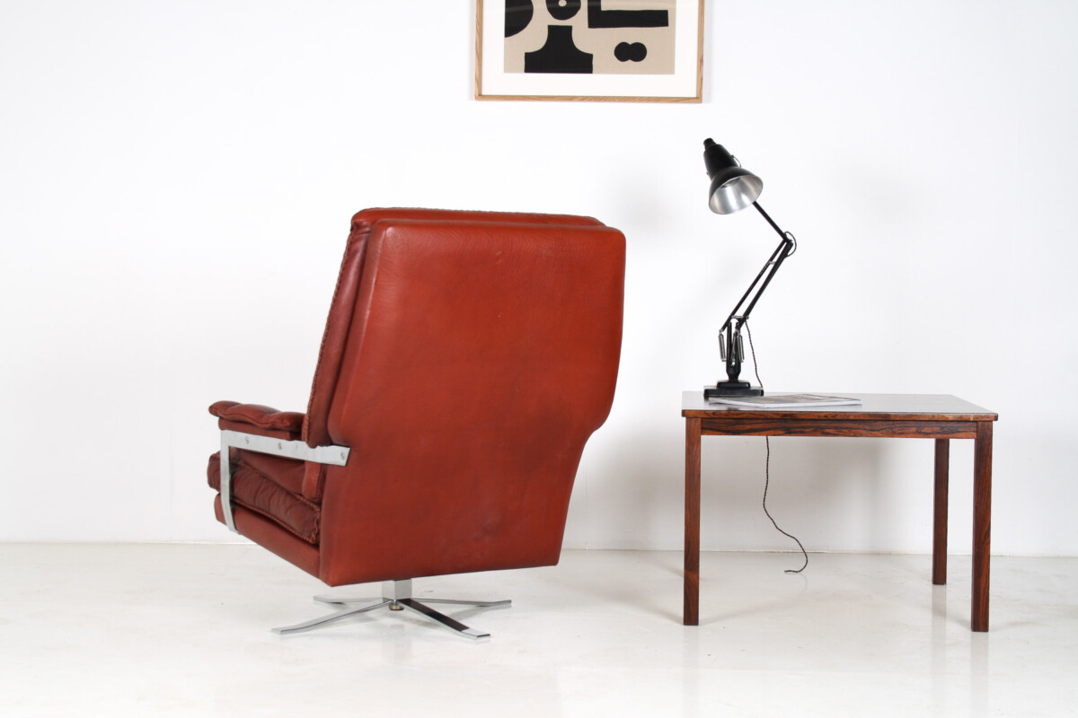 1960s Mid Century Red Brown Leather Chrome Swivel Chair by Arne Norell for Vatne Møbler - Image 8