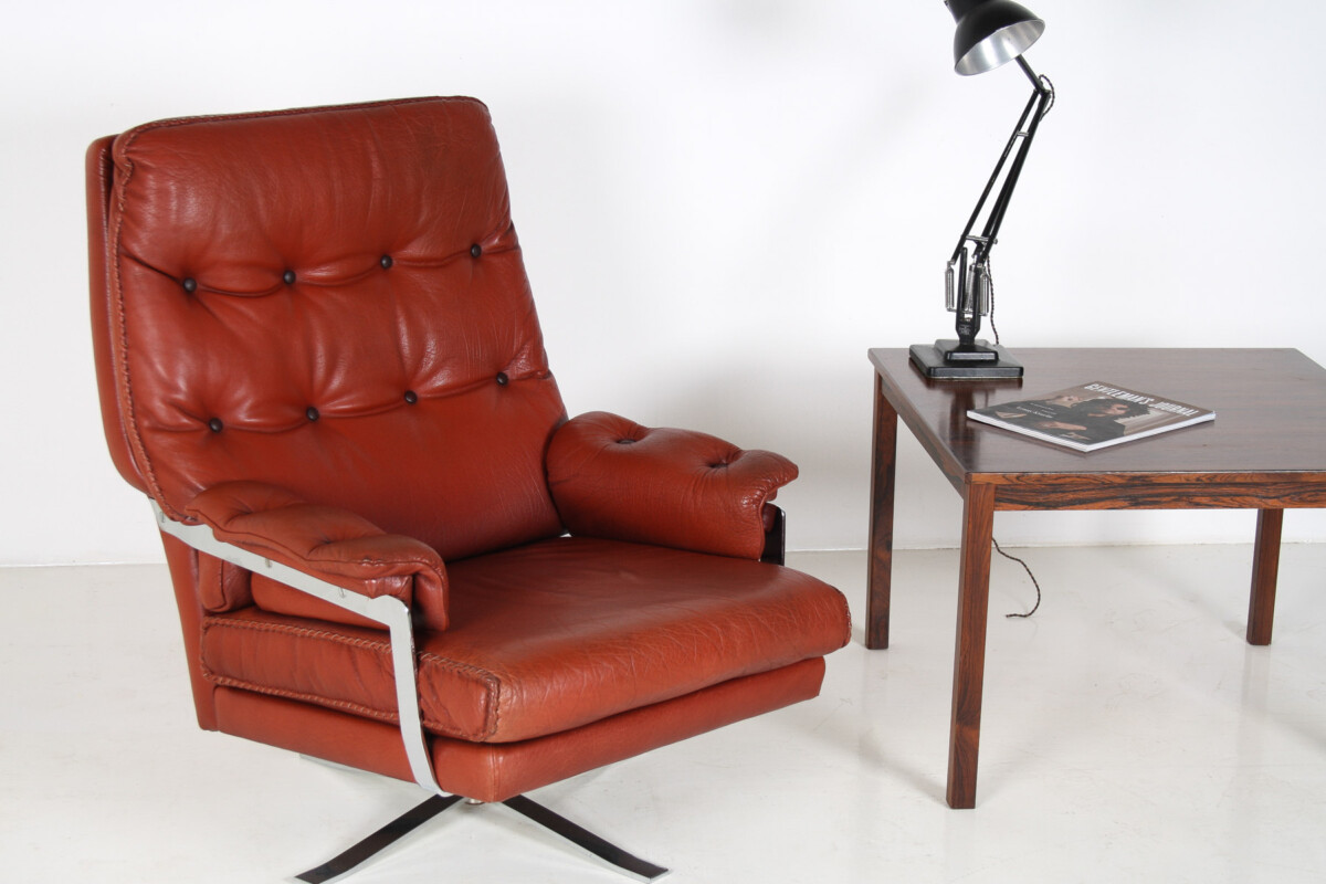 1960s Mid Century Red Brown Leather Chrome Swivel Chair by Arne Norell for Vatne Møbler - Image 7