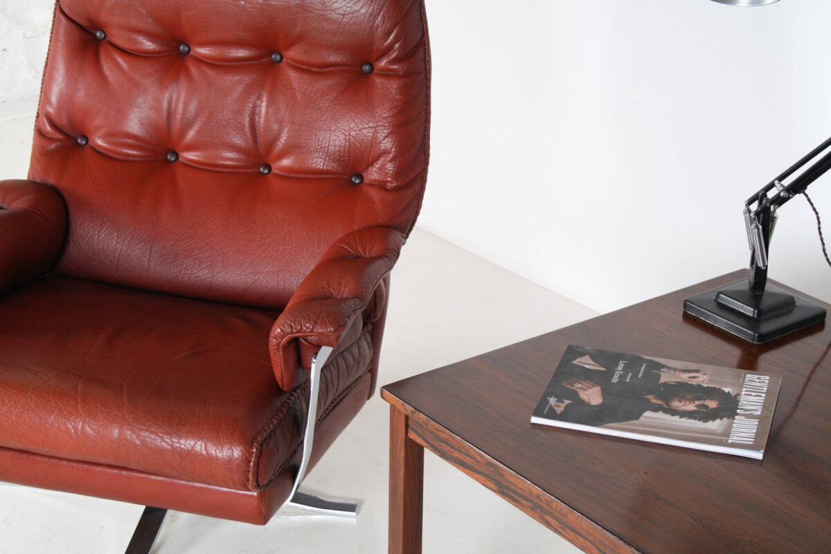 1960s Mid Century Red Brown Leather Chrome Swivel Chair by Arne Norell for Vatne Møbler - Image 12